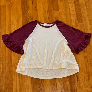 Elegant Burgundy and White Ruffle Sleeve Top